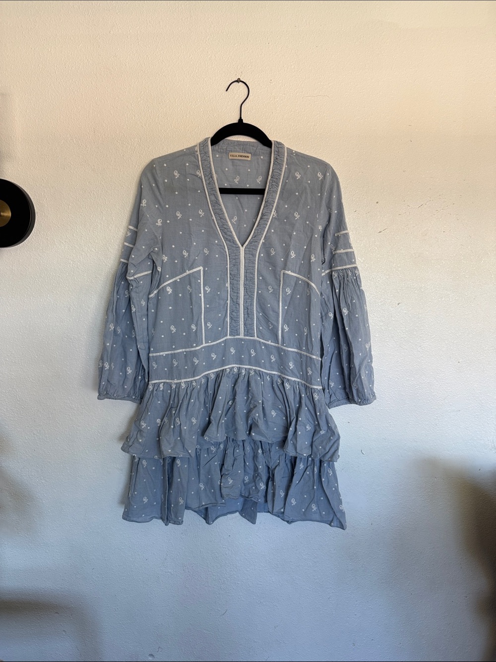 Ulla Johnson Powder Blue Embroidered Tiered Mini Dress